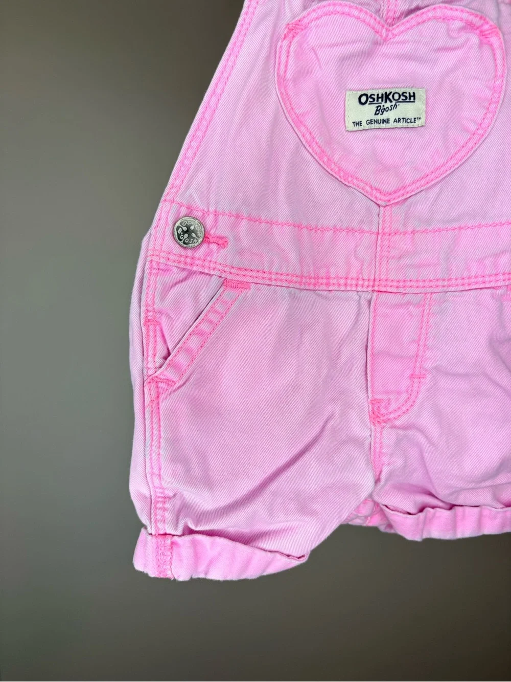 OshKosh B'gosh Pastel Pink Heart Short Summer Denim Overalls 12M